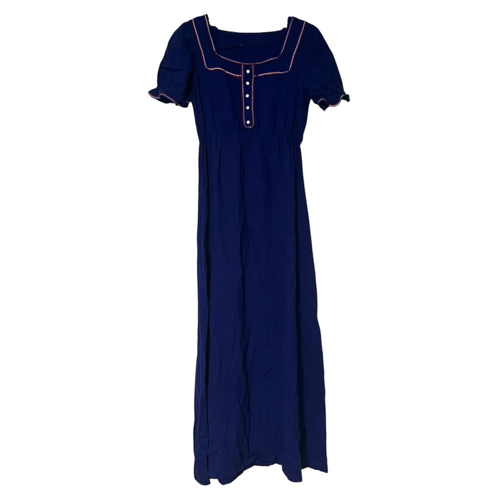 vintage 70’s Navy blue square neckline Maxi Dress with Button Detail